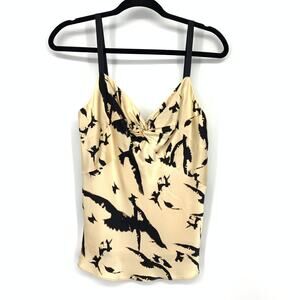 Milly Cami Silk Tank Blouse WOmens Size 6 Beige Black Abstract Bird Print